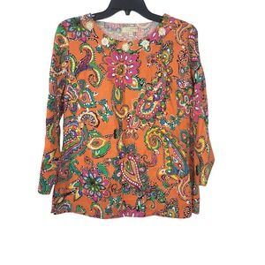 Choices Women Orange Paisley Floral 3/4 Sleeve Eclectic Bold Linen Blouse Medium